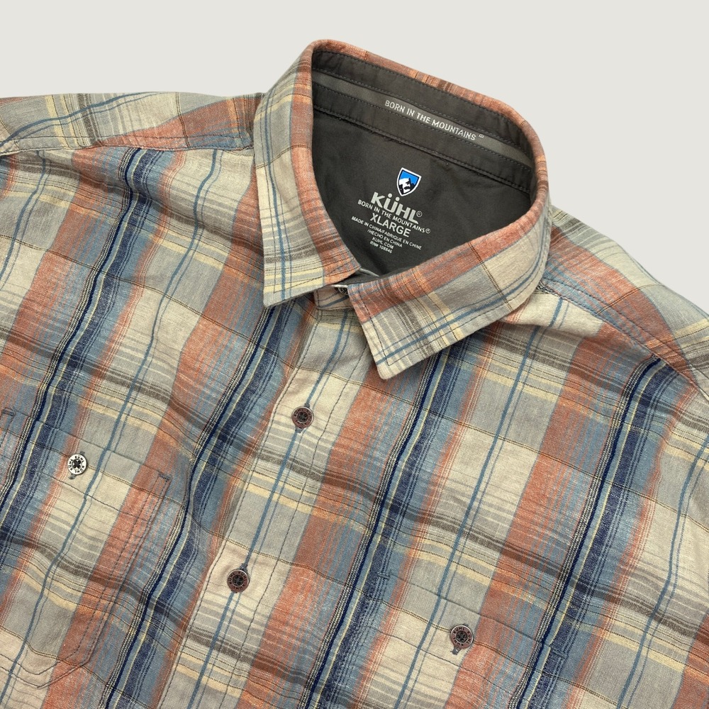 KUHL Scorpio Men XL Shirt Orange Blue Plaid Linen Blend Short Sleeve Button
